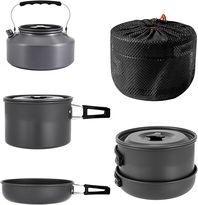 aiGear 3pcs Camping Cooking Set for 1-2 People, Lightweight Foldable Pot Pan Kettle with Storage Bag, Backpacking Cooking Set for Hiking Picnic Camping