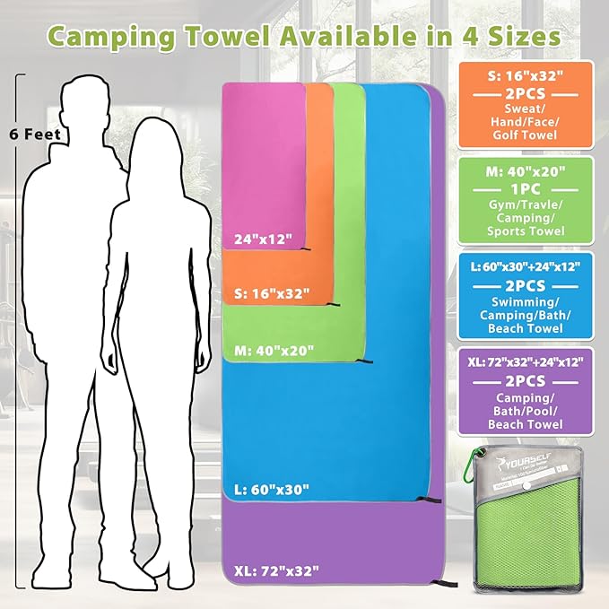 SYOURSELF 2 Pack Microfiber Camping Towel, Quick Dry Towel, Soft Absorbent Compact Travel Gym Workout Sweat Towel for Beach Yoga Swim Travel Camping Hiking Backpack Essentials (XL:72"x32"+12"x24")