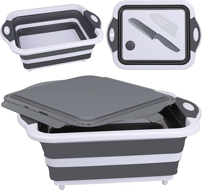 QiMH Collapsible BBQ Prep Tub, Picnic Basket with Lid Foldable Dish Basin, Washing and Draining Veggies Fruits, Food Grade Portable Cutting Board for Camping, Traveling, and Kitchen