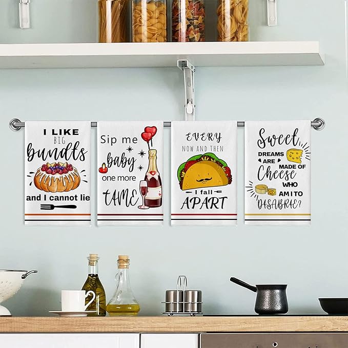 Funny Kitchen Towels and Dishcloths Sets of 4 Kitchen Towels with Sayings Cheese Bundts Absorbent Drying Tea Dish Towel for Cooking Baking Home Decorations,16 x 24 Inch