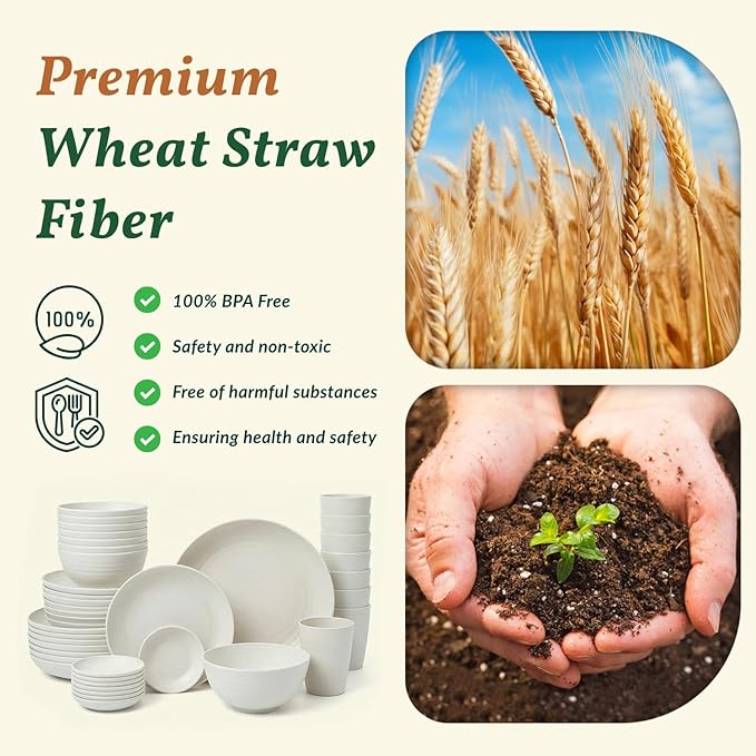 Homienly 40 PCS Kitchen Dinnerware Sets, Wheat Straw Plates and Bowls Sets, Unbreakable Dishes Set for Camping, Picnic, Microwave and Dishwasher Safe, Plates, Bowls, Cups, Service for 8 (White)