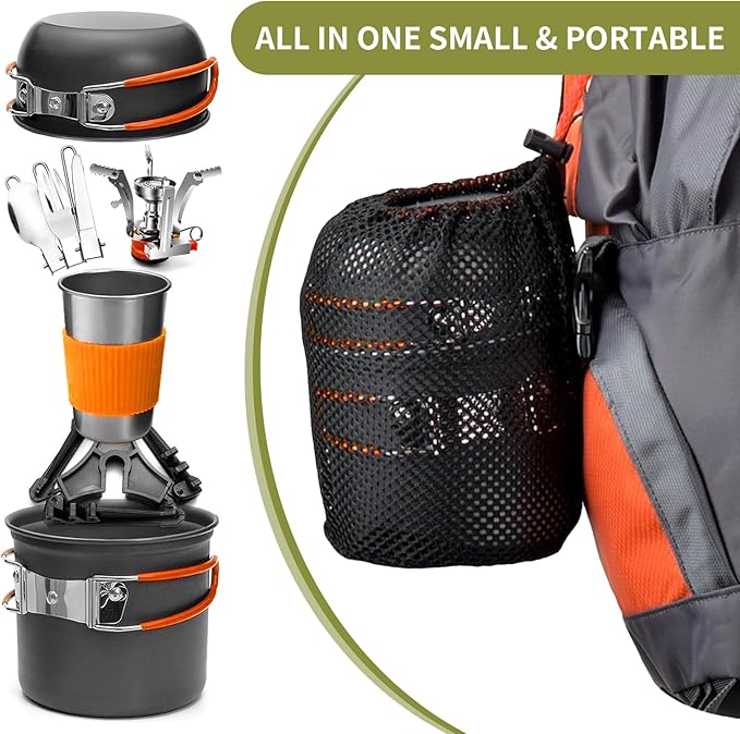 aiGear 8pcs Camping Cookware Mess Kit, Camping Pot and Pan Set with Mini Backpacking Stove, Stainless Steel Cup, Spork and Tank Bracket, Cooking Gear for Hiking Camping Outdoor Picnic