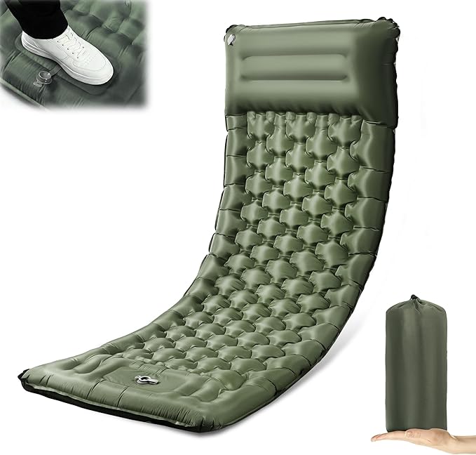 Camping Sleeping Pad, 4.7" Extra-Thick Camping Mattress with Pillow, Built-in Foot Pump Ultralight Inflatable Sleeping Pads for Camping Hiking Backpacking Traveling Tent, Military Green, Single