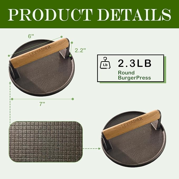 2.3lb Steak Weight & Burger Press, Grid Base, 7" Heavy Duty Cast Iron Grill Press with Wood Handle for Blackstone, Chef, Camp, Panini, Vegetable, Bacon, Sandwich, BBQ