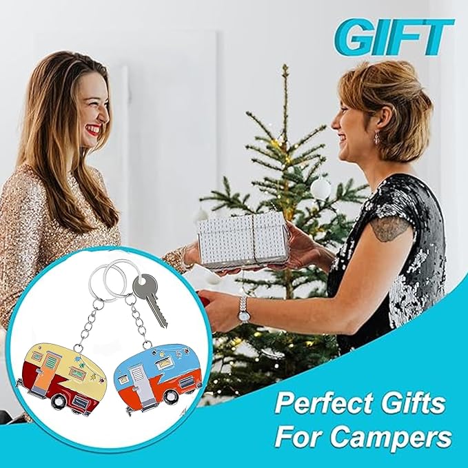 2 Pack Camper Keychain Set Happy RV Camper Keyring Couples Camping Accessories for Men Women Travel Trailers