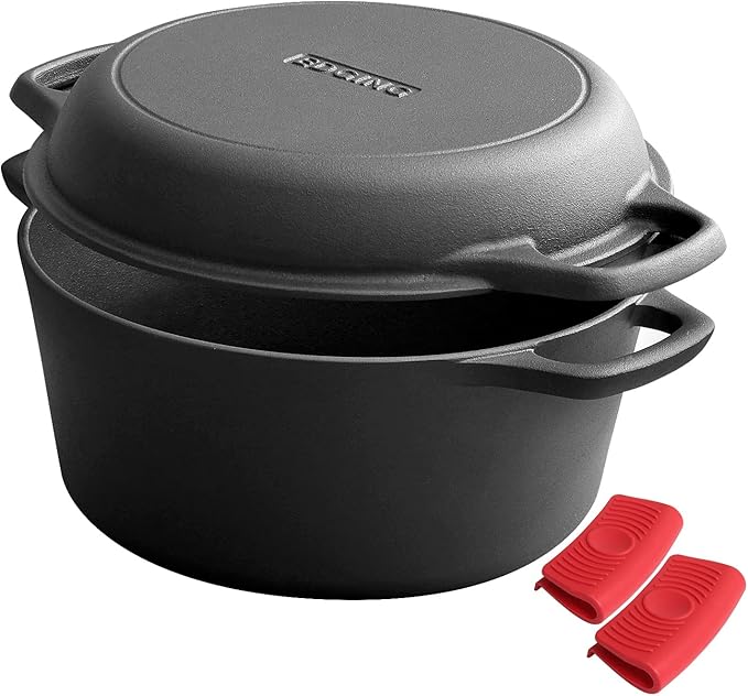 EDGING CASTING 2-in-1 Pre-Seasoned Cast Iron Dutch Oven Pot with Skillet Lid Cooking Pan, Cast Iron Skillet Cookware Pan Set with Dual Handles Indoor Outdoor for Bread, Frying, Baking, Camping, 7QT