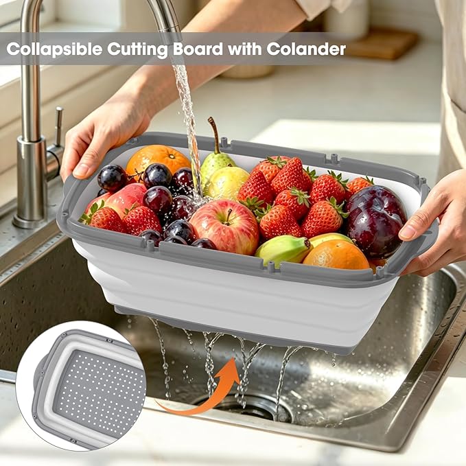 Gintan Camping Cutting Board, 9-in-1 Collapsible Chopping Board with Colander, Kitchen Vegetable Washing Basket for Camping, Camping Gifts Camping Accessories for RV Campers (Gray)