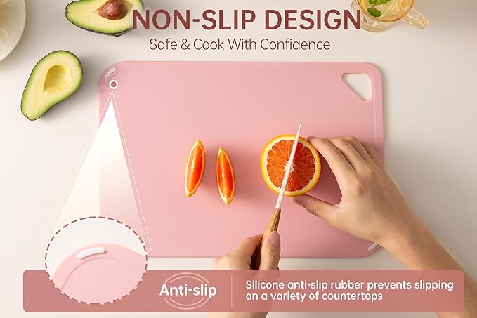 THETCHRY Plastic Cutting Board Set, Pink Cutting Board with Non-slip, Cutting Board for Kitchen Set of 3, Dishwasher Safe, BPA Free, Reversible, with Grip Handle, Pink