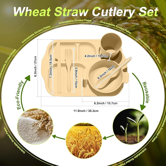 24 Pcs Wheat Straw Dinnerware Cutlery Set for Adult Including Divided Plates Microwave Dishwasher Safe Bowl Unbreakable Tableware Straw Cutlery Spoon Knife Fork(Light Color)