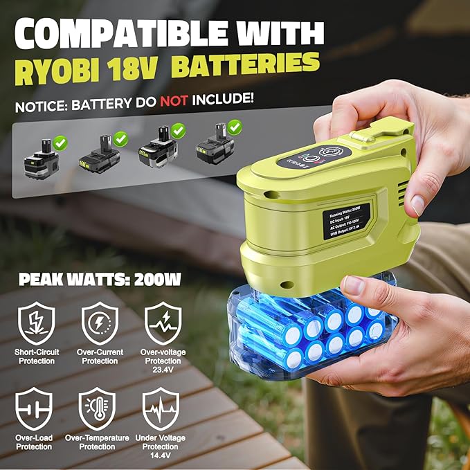 LIVOWALNY 200W Power Inverter Compatible with Ryobi 18V Battery, DC 18V to AC 110-120V Power Station with 1 AC Outlet, 2 USB, 1 Type-C & LED Light, for Camping Power Outage (No Battery) (2-Pack)