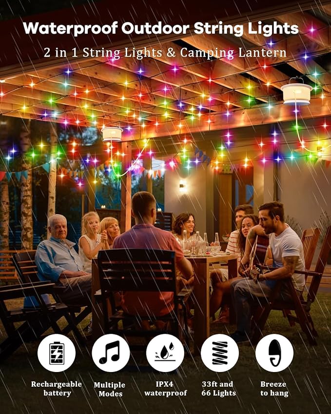 HOMEBEST Upgraded 33FT RGB Camping String Lights, Retractable Camping Lights with Music Sync, 19 Modes, Rechargeable Waterproof Tent Lights, Portable Camping Lantern for Tent, RV, Patio & Awning