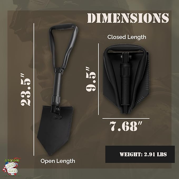 2 Piece Military Grade Entrenching Tool Set – Tri Fold Metal Alloy Foldable Camping Shovel w/ACU Pouch – Compact, Multipurpose Collapsible Shovel – Versatile Survival Gear for Outdoor Enthusiasts
