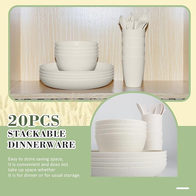 Wrova Wheat Straw Dinnerware Sets of 20,Dishwasher Safe Kitchen Plates and Bowls Sets,Camping Dishes Sets Contains Dinner Plates,Cereal Bowls,Drinking Cups and Flatware.(Beige)