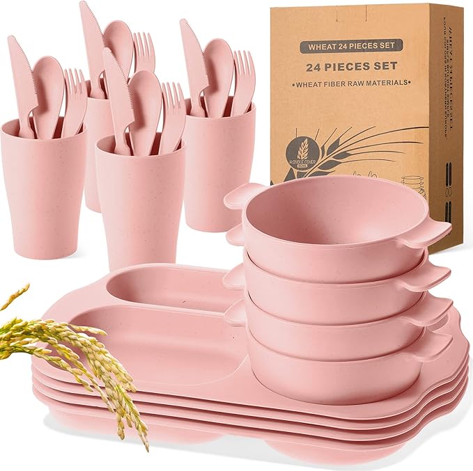 24 Pcs Wheat Straw Dinnerware Cutlery Set for Aldult Including Divided Plates Microwave Dishwasher Safe Bowl Unbreakable Tableware Straw Cutlery Spoon Knife Fork(Pink)