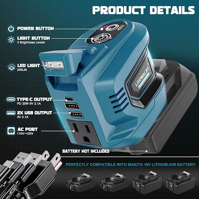 LIVOWALNY 200W Power Inverter Compatible with Makita 18V Battery, DC 18V to AC 110-120V Power Station with 1 AC Outlet, 2 USB, 1 Type-C & LED Light, for Camping Power Outage (No Battery)
