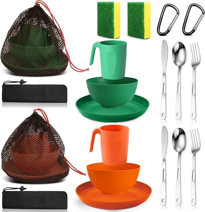 Scout Camping Mess Kit for Person Boy Scout Dishes Set Girl Scout Mess Kit with Mesh Bag Reusable Light Weight Eating Utensils Plastic Camping Cutlery Set for Travel Camp