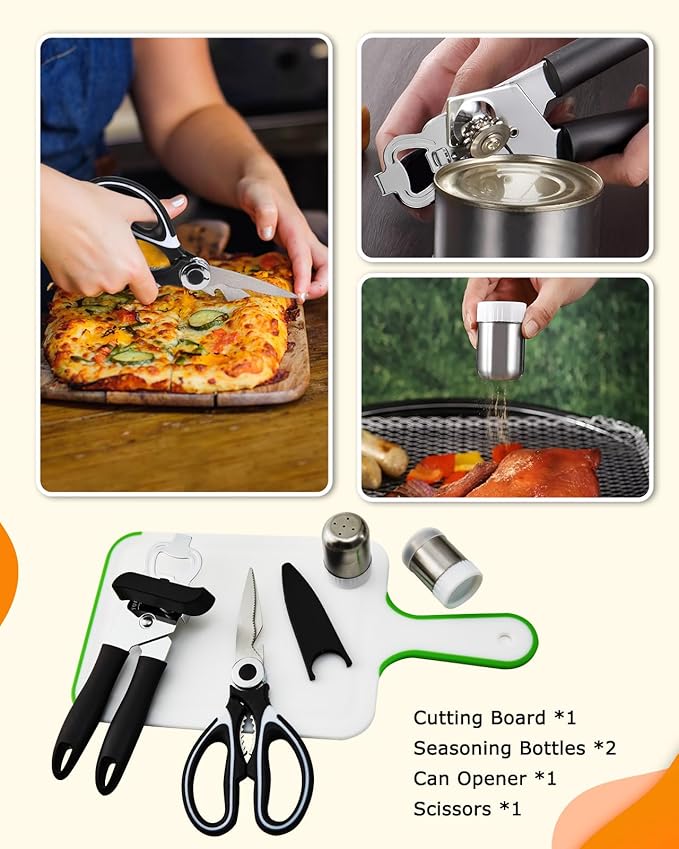 Hozzen Camping Cooking Set - Camping Utensil Set Car Camping Cooking Essentials Gear for Camp Kitchen Cooking and Grilling, Stainless Steel & Silicone Ideal Gift for RV Tent Camper, Picnics, BBQs
