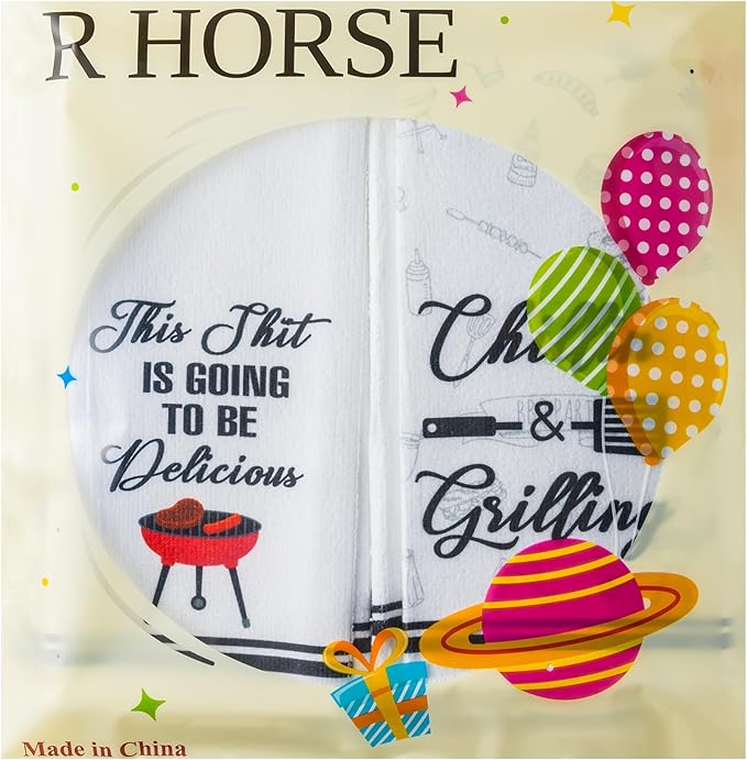 R HORSE 5Pcs BBQ Grilling Dish Towel Funny Barbecue Cooking Absorbent Kitchen Dishcloth Grilling Themed Cleaning Dishcloth Bar Hand Towel Gifts for Chef Men Women Housewarming