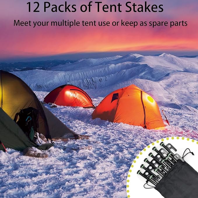 Tent Stakes, 12Pcs 10in Heavy Duty Forged Steel Tent Stakes +Storage Pouch, Used on Rocks, Snowfield, Dessert, Stormy Weather (12Pcs 10in Stakes)