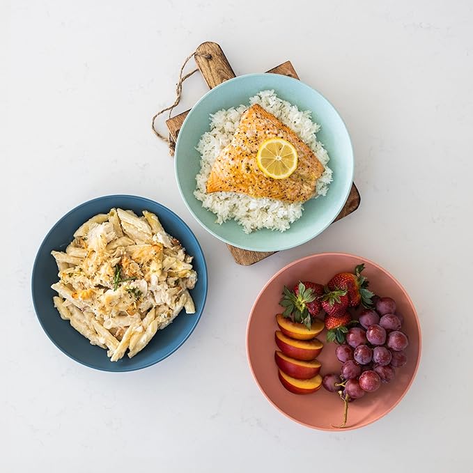 Grow Forward Premium Wheat Straw Pasta Bowls - 42oz Unbreakable Wide & Shallow Dinner Plate Bowls Set of 6 - Microwave Safe Reusable Plastic Pasta Bowls for Kids, Adults, Salad, Camping, RV - Tropical