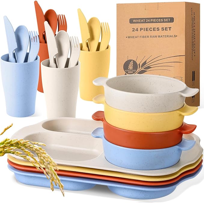 24 Pcs Wheat Straw Dinnerware Cutlery Set for Aldult Including Divided Plates Microwave Dishwasher Safe Bowl Unbreakable Tableware Straw Cutlery Spoon Knife Fork(Mixed Color)