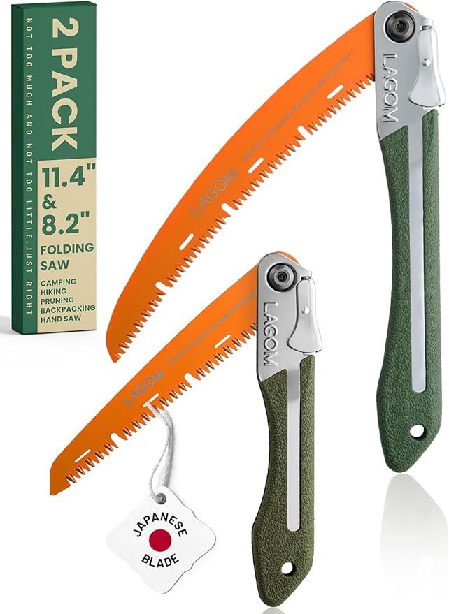 LAGOM Folding Camp Saws for Cutting Branches – 2 Pack (11.4" & 8.2") | SK5 Steel Blades, Ergonomic Handle, Secure Lock | Foldable Tool for Camping, Gardening, Survival, Kayaking, Outdoors