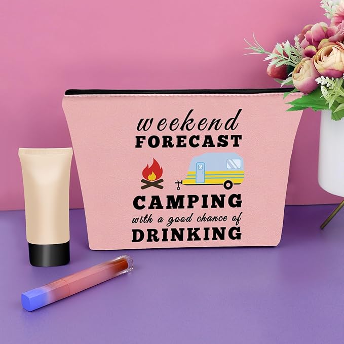 Sazuwu Happy Camper Gifts for Couples - Pink Makeup Bag for Women, Camping Cosmetic Bag, Camper Accessories for Travel Trailers