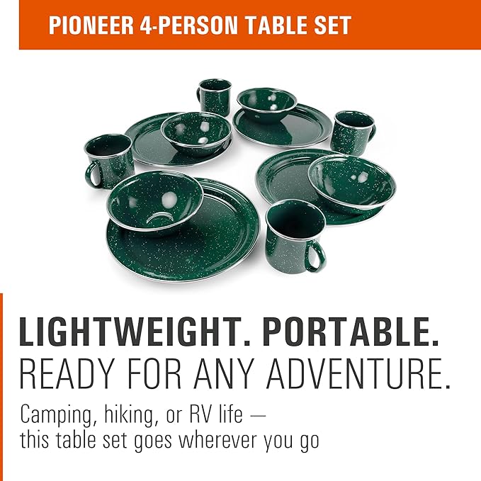 GSI Outdoors Pioneer Enamel 12 Pieces (4-Person) Dish Set I Enamelware Dishes Including Plates, Bowls and Mugs for Camping, Outdoors, RV, Camp, Green