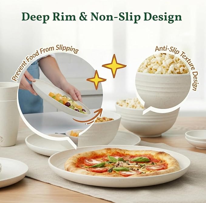 Homienly 40 PCS Kitchen Dinnerware Sets, Wheat Straw Plates and Bowls Sets, Unbreakable Dishes Set for Camping, Picnic, Microwave and Dishwasher Safe, Plates, Bowls, Cups, Service for 8 (White)