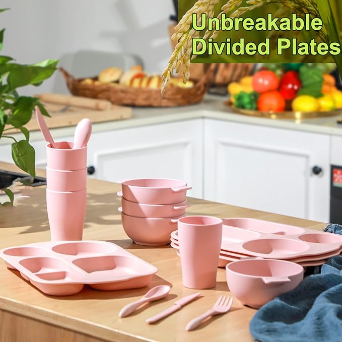 24 Pcs Wheat Straw Dinnerware Cutlery Set for Aldult Including Divided Plates Microwave Dishwasher Safe Bowl Unbreakable Tableware Straw Cutlery Spoon Knife Fork(Pink)