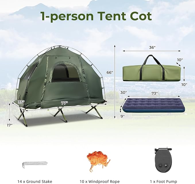 GYMAX Tent Cot, 5-in-1 Folding Camping Cot with Mattress & Pillows, Sleeping Bags, Sunshade, Camping Tent Elevated with Carrying Bag for Outdoor Hiking, Fishing, Picnic