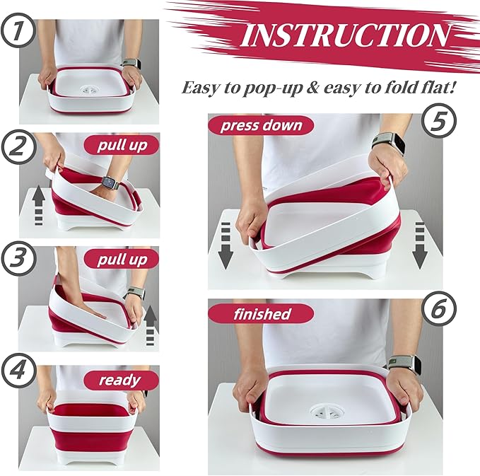 GIMWA 2.6 Gal(10L) Collapsible Camping Sink, Magenta Space-Saving Collapsible Dish Basin with Drain Plug for bottle washing, Collapsible Bucket for RV Essentials and Foot Soaking