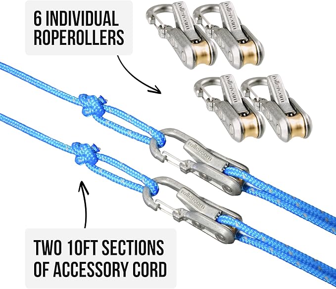 Roperoller The Original Rope Tightening Tool & Tensioner 6-Pack with Rollercam Technology – Heavy-Duty Tie Down for Outdoors, Tarps, Boating & Camping Gear – Includes Reflective Cord & Carry Case