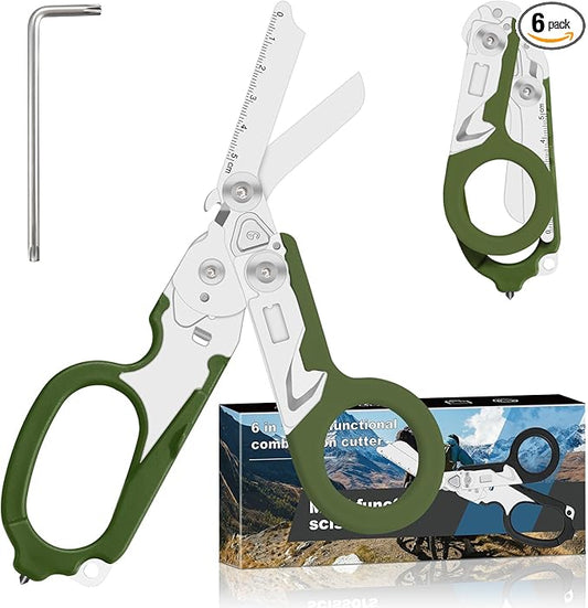 6 in 1 heavy-duty/trauma shears, Folding Retractable Emergency Shears, Outdoor Camping Tools, Seat Belt Cutter, Oxygen Cylinder Wrench, Complimentary Adjustable Wrench (army green)