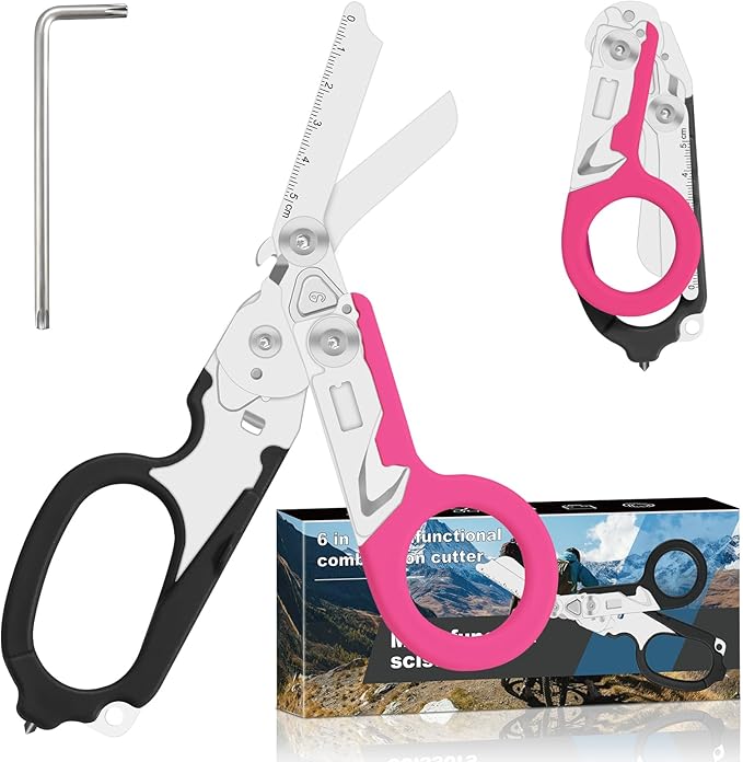 trauma shears, foldable emergency scissors, combining 6 functions into one, suitable for outdoor camping, emergency rescue, and wilderness survival. (black-pink)