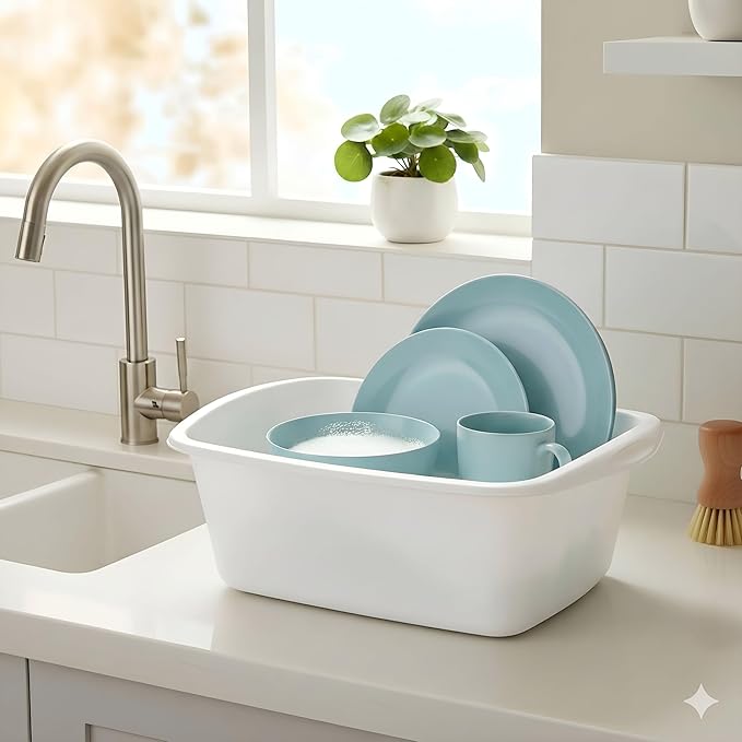 Tribello 2-Pack Dish Pans for Kitchen Sink, Plastic Tub Dishpan Wash Basin and Foot Bath for Soaking Feet, Wash Bucket for Washing and Storage Cleaning Supplies - 12 Quarts - Heavy Duty - (White)