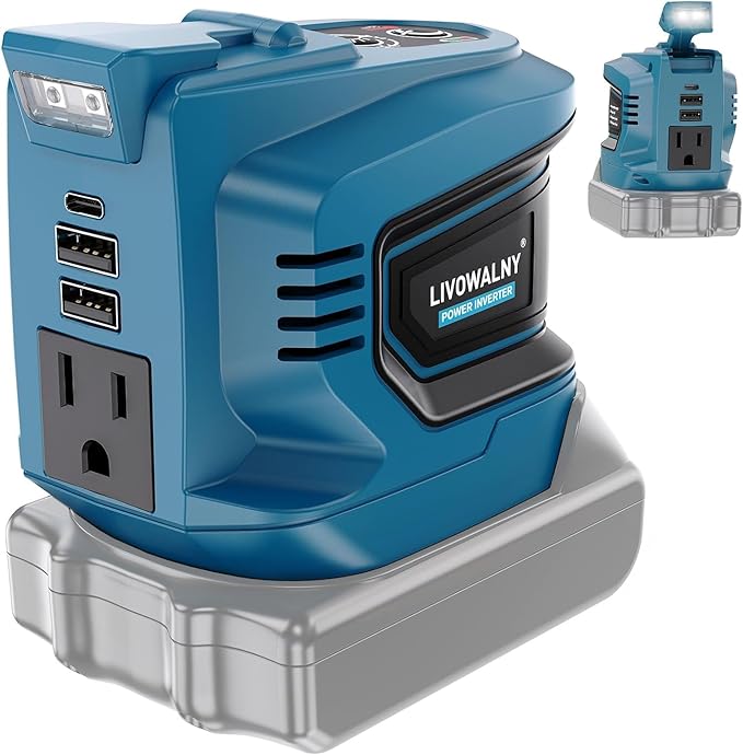 LIVOWALNY 200W Power Inverter Compatible with Makita 18V Battery, DC 18V to AC 110-120V Power Station with 1 AC Outlet, 2 USB, 1 Type-C & LED Light, for Camping Power Outage (No Battery)