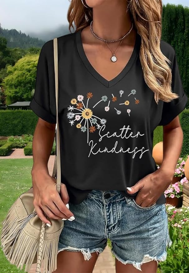 Graphic V Neck Shirt for Women Boho Floral Wildflowers Tee Casual Cottagecore Summer T-Shirt Blouse