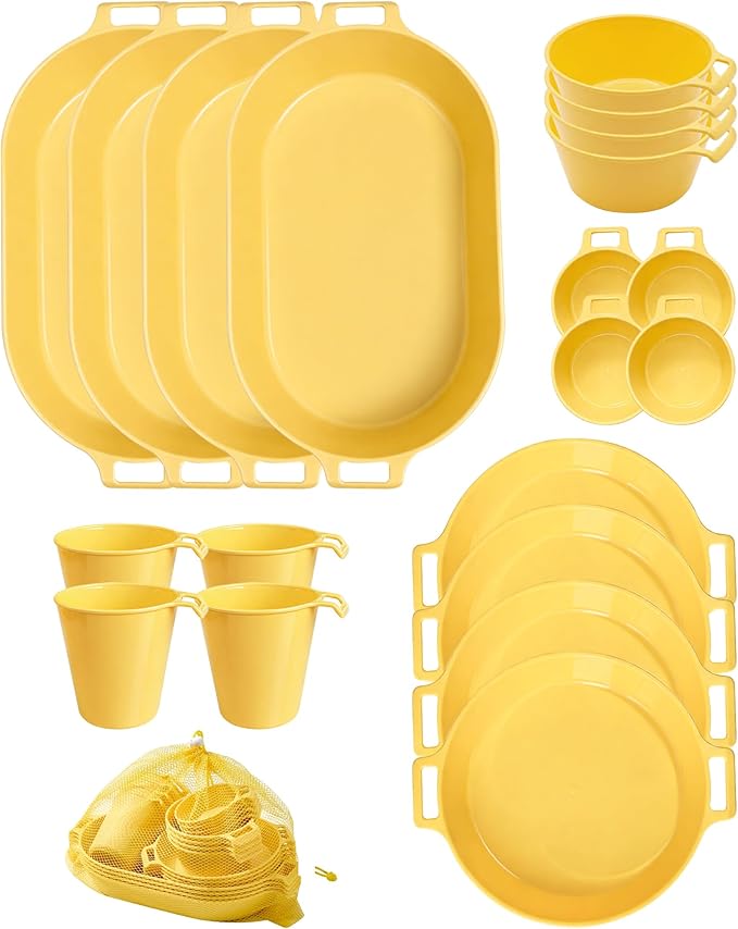 Dinnerware Set for 4, 21-Piece Reusable Plates and Bowls Set with Mesh Bag, Cups, Sauce Dishes and Serving Platters, Lightweight Outdoor Dish Set for Picnic, RV, Patio, BBQ, Mustard Yellow