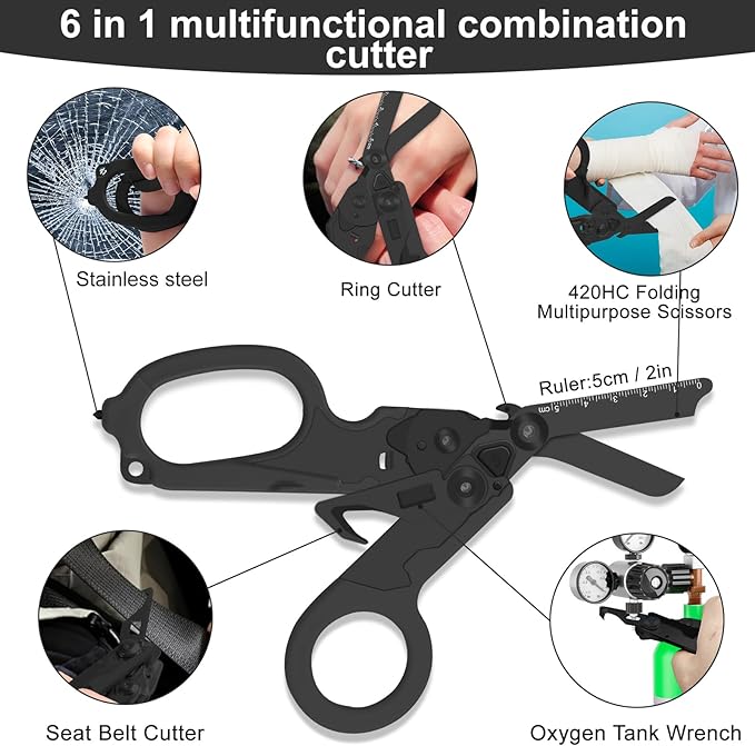 6 in 1 trauma shears, folding emergency shear, Outdoor Camping Tools, Seat Belt Cutter, Oxygen Cylinder Wrench, Complimentary Adjustable Wrench (Electroplating Black Army Green)