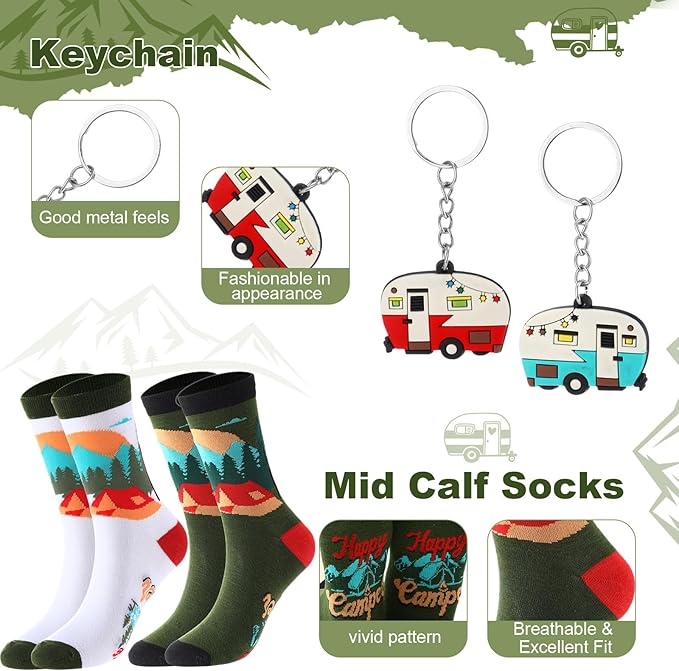 Patelai 6 Pcs Camping Gift Set RV Gifts for Couple Includes 12 oz Stainless Steel Wine Tumblers Unisex Crew Socks Keychains Outdoor Gifts for Women Men Picnics Hiking RV (Classic)
