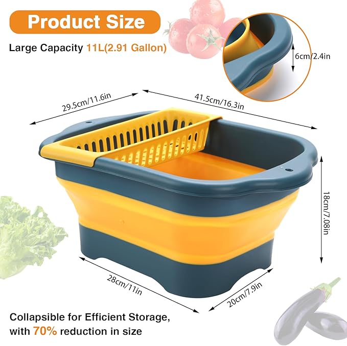 Collapsible Dish Basin with Drain Plug and Portable Sink, 11L(2.91 Gallon) collapsible Bucket with Sink, foldable Wash Basin for Station Campin/camping/Rv/Kitchen (Yellow)