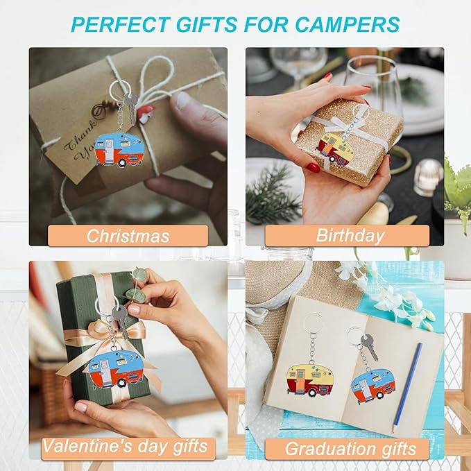 2 Pack Camper Keychain Set Happy RV Camper Keyring Couples Camping Accessories for Men Women Travel Trailers