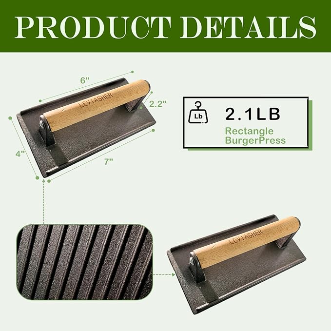 2Pack 2.1lb Steak Weight & Burger Press, Striped Base, 7"X4" Heavy Duty Cast Iron Grill Press with Wood Handle for Blackstone, Chef, Camp, Panini, Vegetable, Bacon, Sandwich, BBQ
