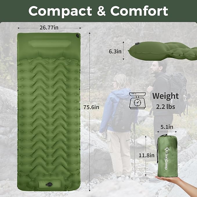 KingCamp Sleeping Pad for Camping, Ultralight Connectable Inflatable Sleeping Pad Camping Mattress with 6.3" Built-in Pillow & Foot Pump for Backpacking Hiking Tent Cot