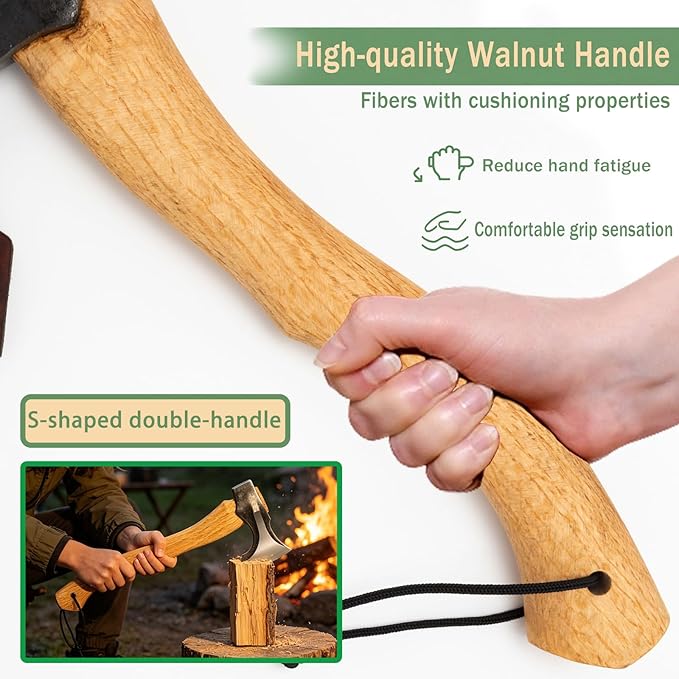 Bushcraft Camping Hatchet, 14.7 in Hand Forged Splitting Axe for Outdoor Wood Splitting Chopping & Carving Tool with Leather Sheath