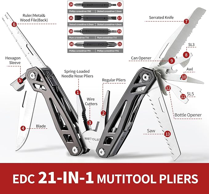Father‘s Day Gifts for Men Dad Him, WETOLS 21-in-1 Multitools with Pocket Knife, Stainless Steel Self-locking Pliers with 8 Screwdriver Bits, Multi Tool Survival Gear, EDC Knife with Pouch for Outdoor