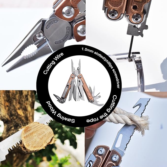 SQT2048-C 20-in-1 Multitool Pliers, Stainless Steel Multi Tool with Safety Lock, Pocket Clip, Foldable EDC Tool for Outdoor Camping Hiking Fishing Repair,Gift for Men, Rose Gold
