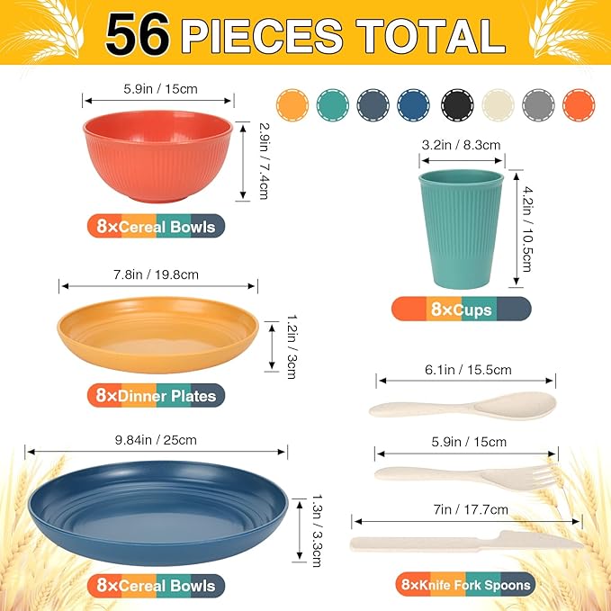 LAERJIN 56 Piece Wheat Straw Dinnerware Sets, Service for 8, Unbreakable Reusable Dinnerware Set,Dishwasher & Microwave Safe Plates and Bowls Sets, for Apartment Essentials, Outdoor Camping, Colourful