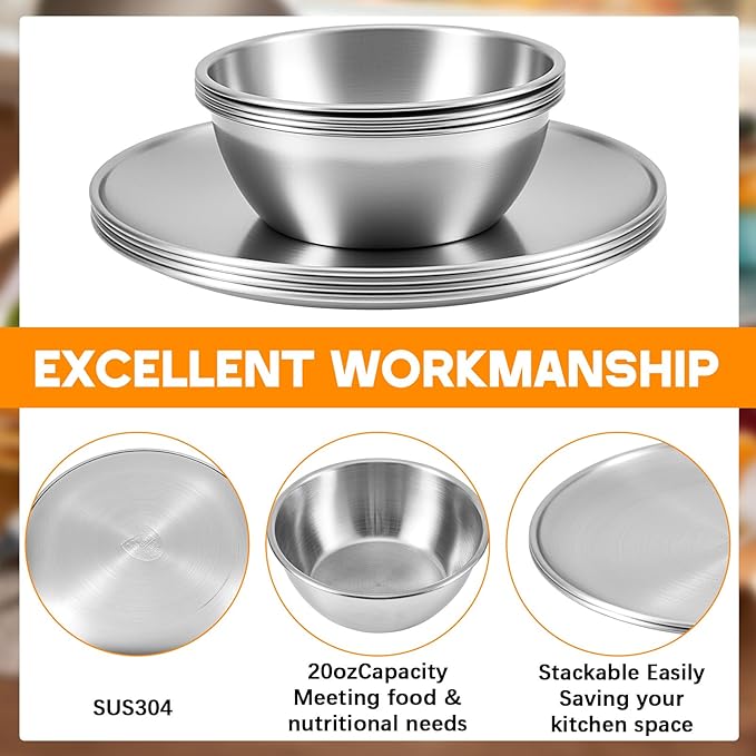304 Stainless Steel Plates and Bowls Sets for 12, 24 Pieces 9 Inch Metal Camping Plates and Bowls Sets for Picnic, Travel, Reusable Double Insulated Dinnerware for Adult Girls Boys (Silver)